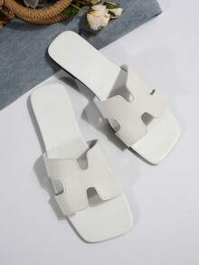 Women's Fashion Square Toe Flat Slides, Versatile Ladies Sandals For Spring/Summer - White - View 6