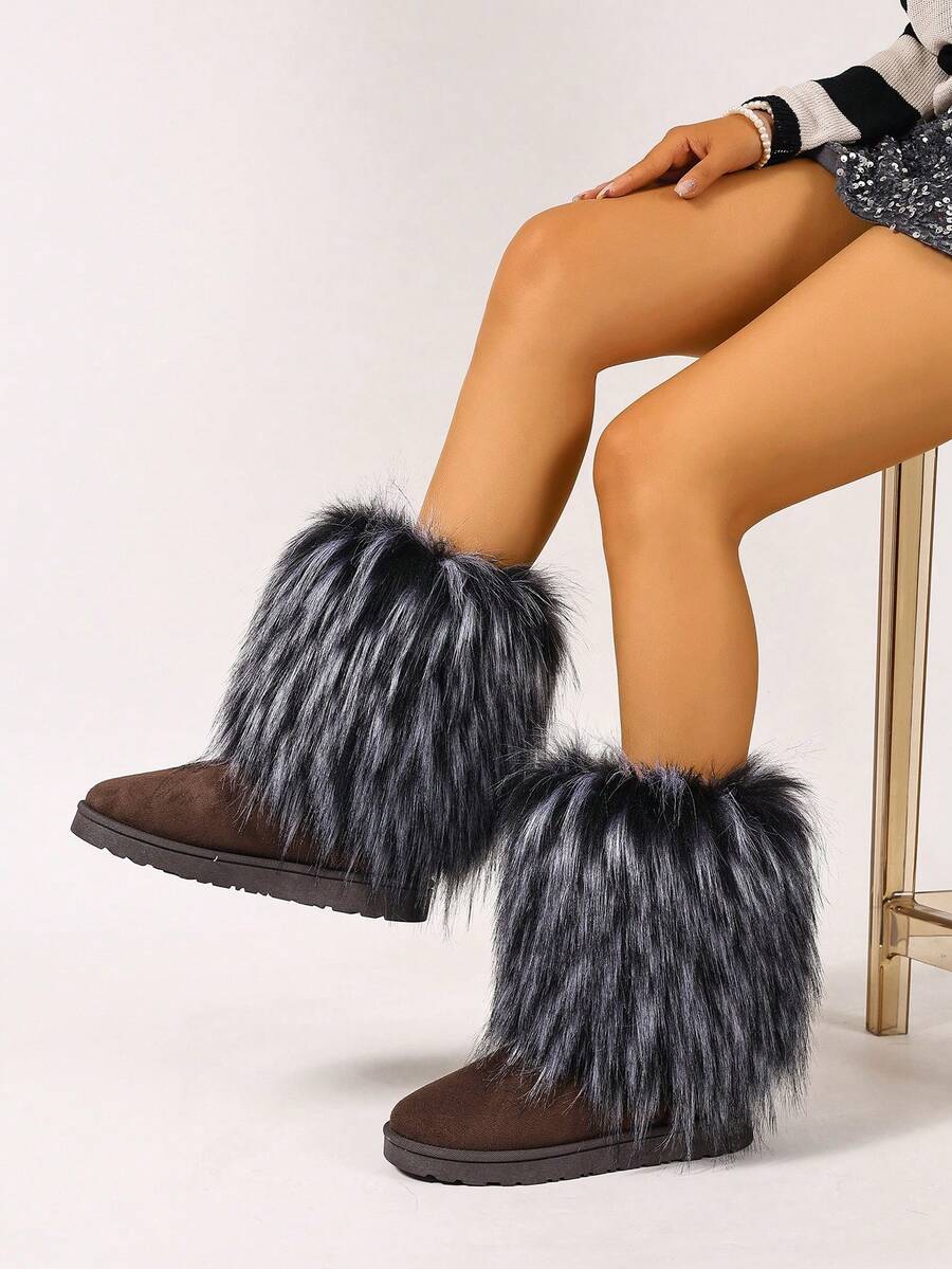 Women Solid Color Cute Y2K Faux Fur Fabric Patchwork Boots, Fashion Boots For Holiday, Vacation, Party, Outdoor, Spring Autumn Winter