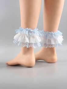 1 Pair Women's Blue & White Lace Floral Elastic Leg Warmers, Suitable For Parties, Weddings, Lolita Style Ankle Cuffs - View 11