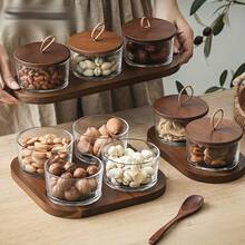 1件套豪华甜品碗配红木托盘，家用水果盘，小吃托盘，客厅隔间果盘，茶室玻璃碗甜点，红木托盘，礼物 - 金色 - 查看 5