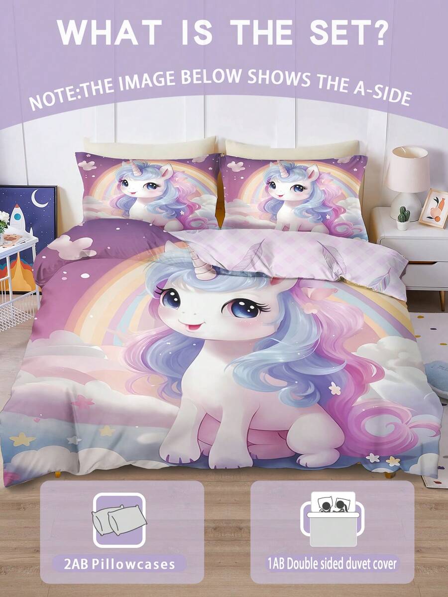 1/3PCS Magical Rainbow Pony 3 PiecesReversible Bedding Set - Double-Sided Purple Feather Print Duvet Cover With Matching Pillowcases For Girls - Multicolor - View 1