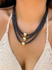 Collar corto ajustable y sencillo de estilo geométrico negro con cuentas redondas