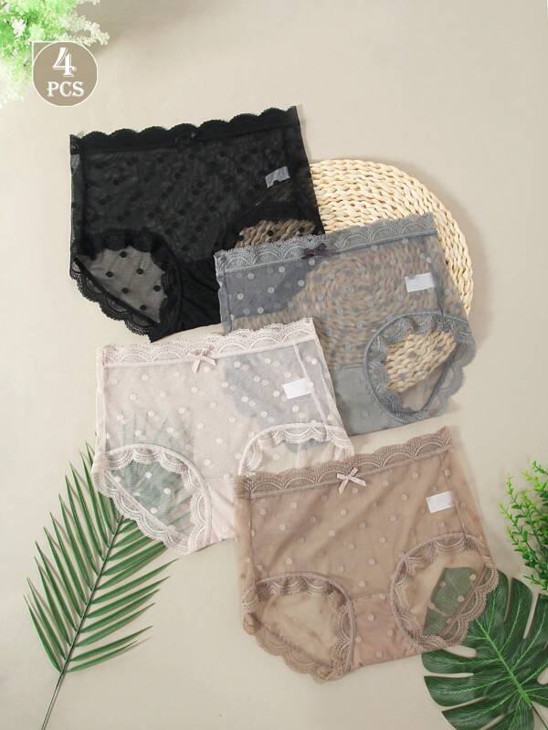 Conjunto de 4 piezas de bragas semitransparentes con encaje de malla y puntilla sexy, de alta elasticidad. Juego de bragas sin costuras con estampado de lunares, diseño sexy para verano