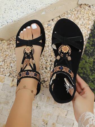 Sandali piatti con perline e punta tonda, di taglia grande, minimalisti, retrò, casual, da spiaggia