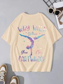 Camiseta gráfica para niñas con estampado de gimnasia, estilo de clase de baile de primavera/verano, parte superior para niñas - Albaricoque - Ver 2