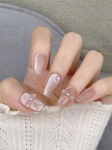 10 Pieces Of Cat-Eye Wearable Almond Nail Mid-Length High Quality Beautiful Wedding Nail Handmade Bow Fake Nail Pieces, Suitable For Girls Or Women To Wear On Holiday Or Mother's Day Gifts Or Special Occasions