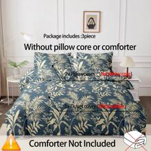 3-Piece Set Plant Leaf Print Duvet Cover Set, Includes 2 Pillowcases And 1 Duvet Cover (No Filling), Deep Blue, Soft, Comfy, Breathable, Suitable For All Seasons, Perfect For Bedroom, Guest Room, And Dorm Decor