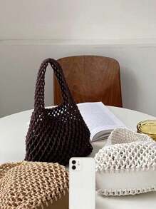 Stylish Hand-Woven Handbag With Exquisite Single Strap Mesh Design,Stylish Hand-Woven Handbag With Exquisite Single Strap Mesh Design, Perfect For Beach Vacations Or Summer Trips, Light And Breathable, Showing A Natural Casual Style