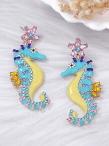 1pc Fashionable Elegant Ocean Holiday Style Geometric Rhinestone Inlaid Star & Seahorse Colored Symmetrical Dangle Earrings