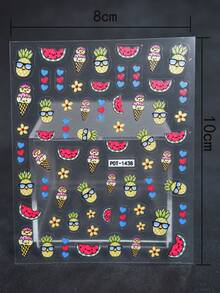 1 件可爱卡通美甲贴纸，以菠萝、西瓜、冰淇淋、花朵、心形图案为特色，卡通主题，表面有光泽，形状不对称，适合女性装饰指甲，美甲用品