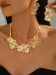 1 Set modischer 3D Blumen Goldschmuck Halskette Ohrringe Set, geeignet für den täglichen Gebrauch von Frauen, Geschenk, Party & Versammlung