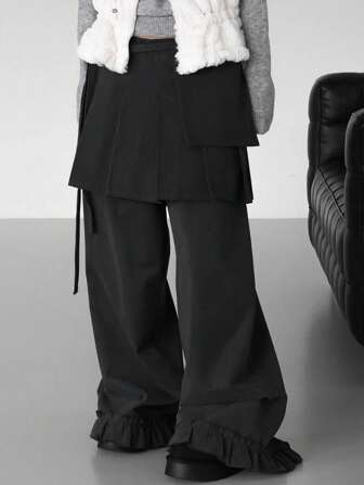 韩版荷叶边休闲裤及复古口袋抽绳百褶裙套装，女士春季新品