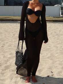 Women Beach Cover Up Knit Sheer Maxi Dress Solid Color See-Through Long Sleeve Summer Vacation Swimsuit Coverup Bathing Suit Cover Ups Long Dresses For Beach Vacation - 黑色 - 查看 1
