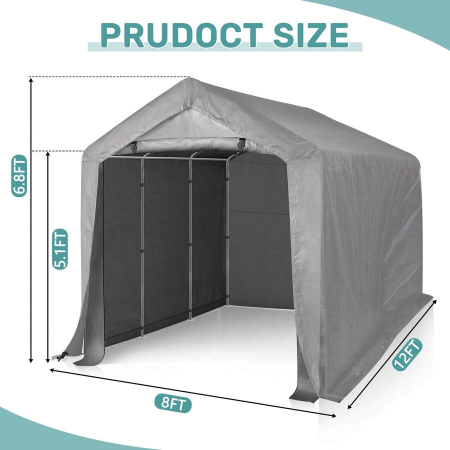 Cobertizo portátil de almacenamiento para exteriores, resistente, de lona, con puerta enrollable y cremallera para motocicletas, bicicletas y herramientas de jardín. - Gris - Ver 1