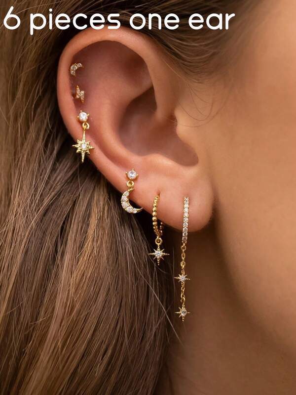 Conjunto de 6/3 peças de brincos para piercing de cartilagem com estrela e lua, zircônia cúbica, pingente de aço inoxidável, corrente, brinco de argola, joia para piercing