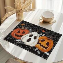 4 pièces Sets de table en lin imprimés d'éléments de citrouille, de diable et de crâne pour Halloween - Sets de table rectangulaires en lin tissé, à utiliser dans le salon, la cuisine, la table de café, la décoration de table de salle à manger