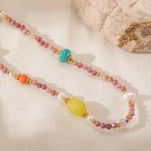 1pc Beach Style Natural Stone Beaded Necklace, Suitable For Women Vacation & Daily Wear
