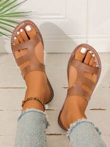 Damen Flache Sandalen, europäisch-amerikanischer Mode Lässig Offener Zeh Hohlmuster Riemen Strand Slides