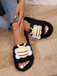 Women's Bee Element Open Toe Slippers, Indoor House Floor Slippers, Cute Vacation Style, Comfy Bedroom Slippers - Black - View 5