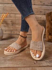 1 Pair Summer New Arrival Fashionable Teenager Slippers, Straw Woven Outsole, Woven Upper Design, Casual Strap Versatile Style