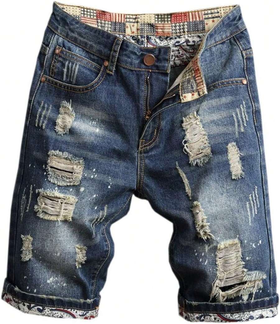 Men's Ripped Shorts & Jeans Summer Casual Classic Straight Distressed Ripped Short JeansA Valentine's Day XJS7 - Xanh đậm - Xem 1