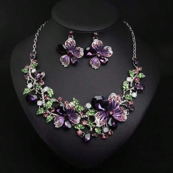1 Set Elegante joyería francesa de lujo con flores, incrustada con cristales, adecuada para bodas, banquetes y uso en fiestas