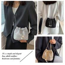 Crossbody Bag With Chain For Women, Shiny Rhinestone Satchel Bag, Solid Color, Drawstring, Shiny, For Dinner And Party