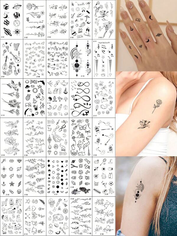 30pcs Creative Black Small Design Temporary Tattoo Stickers, Realistic Tree Branches, Starry Sky, Butterfly Flower Tattoos Suitable For Men And Women, Waterproof, Suitable For Arms, Face, Fingers, And Neck