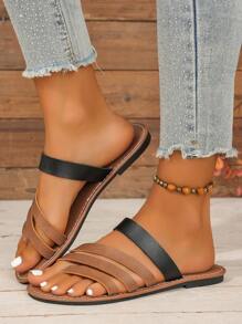 Damen Flache Sandalen, europäischer und amerikanischer modischer legerer Rundzehenriemen, verstellbarer Riemen, Zehentrenner, Slip-On Strandpantoffeln