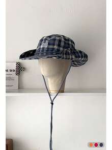 1 件装多巴胺条纹宽边渔夫帽，女士户外徒步露营钓鱼防晒夏季薄款帽子 - 布標彩色格紋 - 查看 3