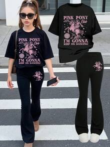 2 Pieces Tween Girls Outfit, Graphic Print Flared Pants Casual Style - Black - View 1