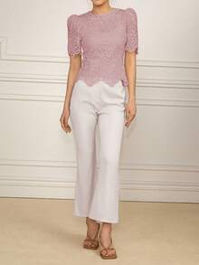 Amyenjoylife 女士优雅短袖蕾丝泡泡袖镂空衬衫T恤 - 淺灰紫 - 查看 3