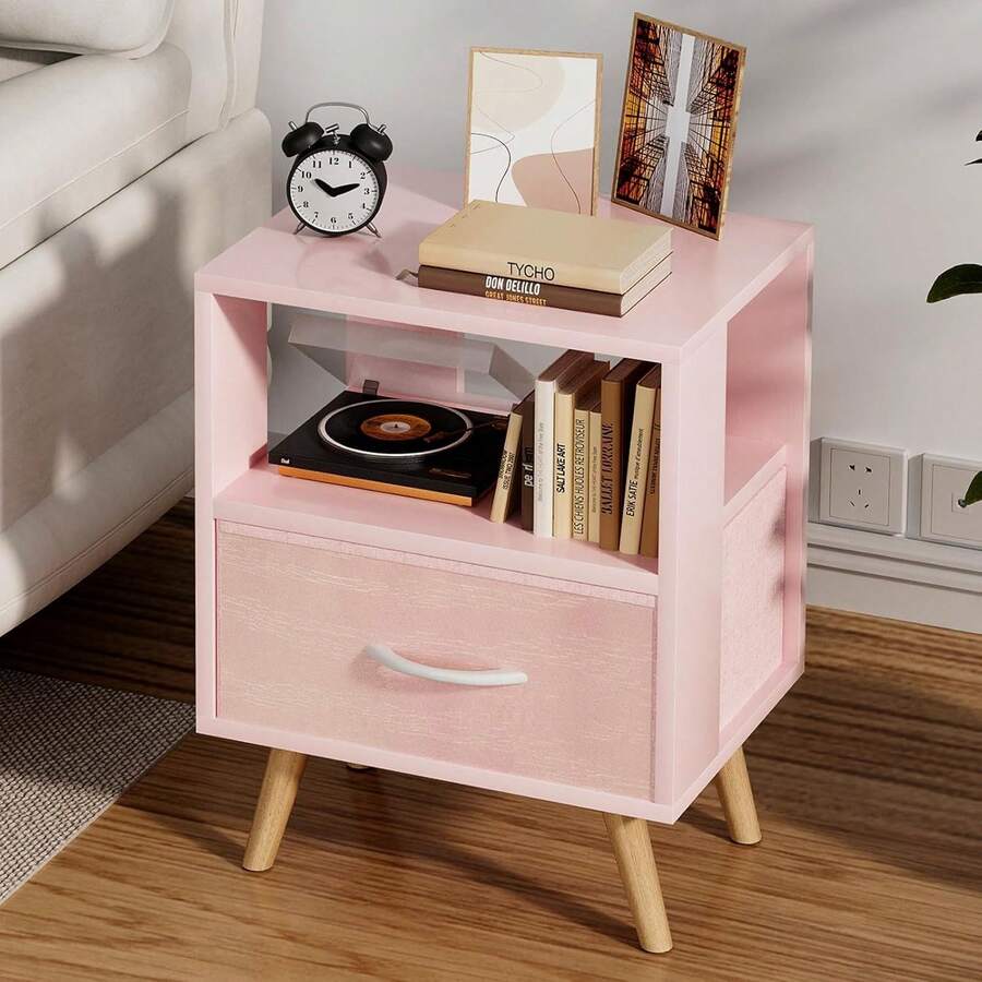 Bedside Table, Modern Open Storage Side Table, Double-Tier Nightstand, Suitable For Small Spaces, Living Rooms, And Bedrooms. - Dây rút vải màu hồng - Xem 1