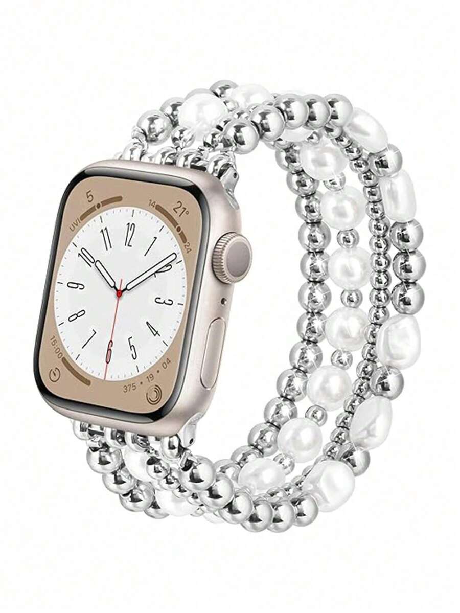 Handmade Beaded Bracelet, Casual & Cute Elastic Strap, Gift For Couples - 銀色珍珠白串珠 - 查看 1