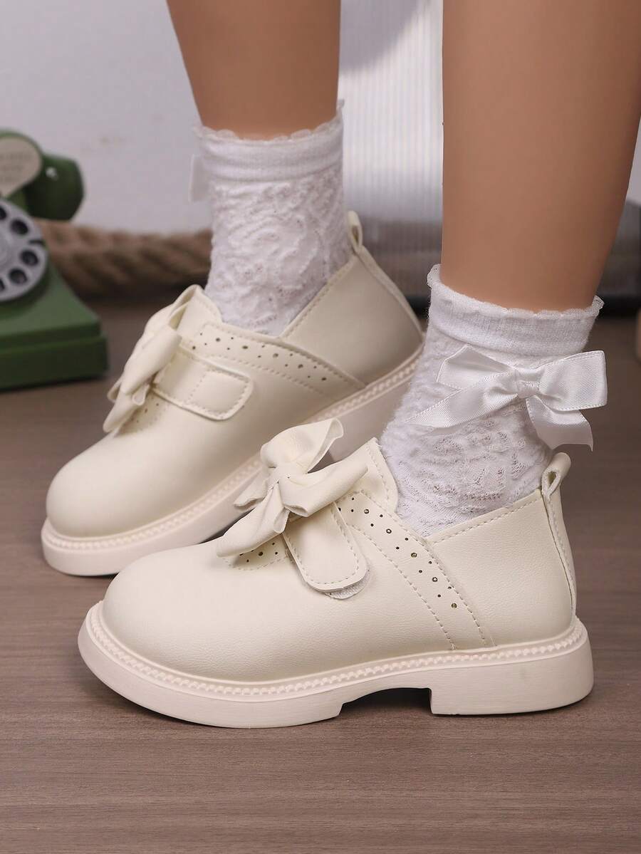 2025 New Style Girls White Shoes, Fashionable & Elegant Children Bow Shoes, Versatile For Outdoor & Travel - Beige - View 1