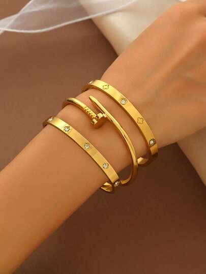 3pcs Set 18K Gold Plated Stainless Steel Four-Leaf Clover Nail Bracelet, Suitable For Women's Party And Daily Wear, European And American Style, Personalized, Generous, Luxury Cubic Zirconia Bracelet, Wedding Jewelry Set, Gift For Girls, Ladies, Relatives, Friends, Exquisite Wedding, Birthday, Valentine's Day, Mother's Day Gift