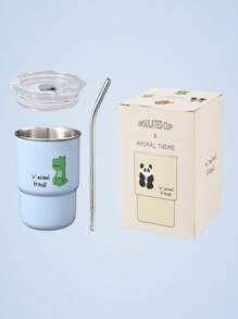 304 Stainless Steel Cartoon Water Cup With Straw And Transparent Lid Couple Water Cup Outdoor Camping Cup Ins Simple Coffee Cup