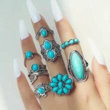20Pcs/Lot Retro Bohemian Style Turquoise Rings For Women Mix Style Blue Artificial Stone Finger Jewelry Set Party Gifts Random Style