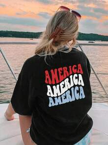 Ladies' Summer Letter Printed Round Neck Loose Casual T-Shirt With Off Shoulder Sleeves. Graphic Tees Women Black Top Vacation Outfits Women - 黑色 - 查看 3