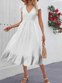 Elegante Vestido Largo De Color Sólido Para Mujer, Vestido Manga Corta Con Volante, Vestido Morado Cuello en V - Blanco - Ver 4