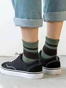 7 Pairs Women Vintage Striped Socks, Contrast Color Elastic Cuff, Breathable & Absorbent, Suitable For Casual And Office Wear