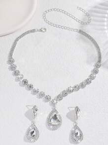 1 pieza Deslumbrante collar de novia con cristales verdes + 1 pieza de aretes de novia de lujo en forma de lágrima con cristales, set de 3 piezas de joyería de novia de moda adecuado para boda, gala, accesorio para vestido formal, festival