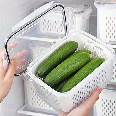 1个全新家用储物盒，透明塑料冰箱保鲜盒，适用于存放水果、蔬菜、肉类。非常适合户外活动和露营。