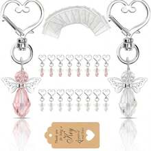 30 pièces Porte-clés cœur en forme d'aile d'ange argenté, comprenant 30 porte-clés, 30 cartes de remerciement et un sac en organza, convenant pour les cadeaux de baptême, mariage et première communion