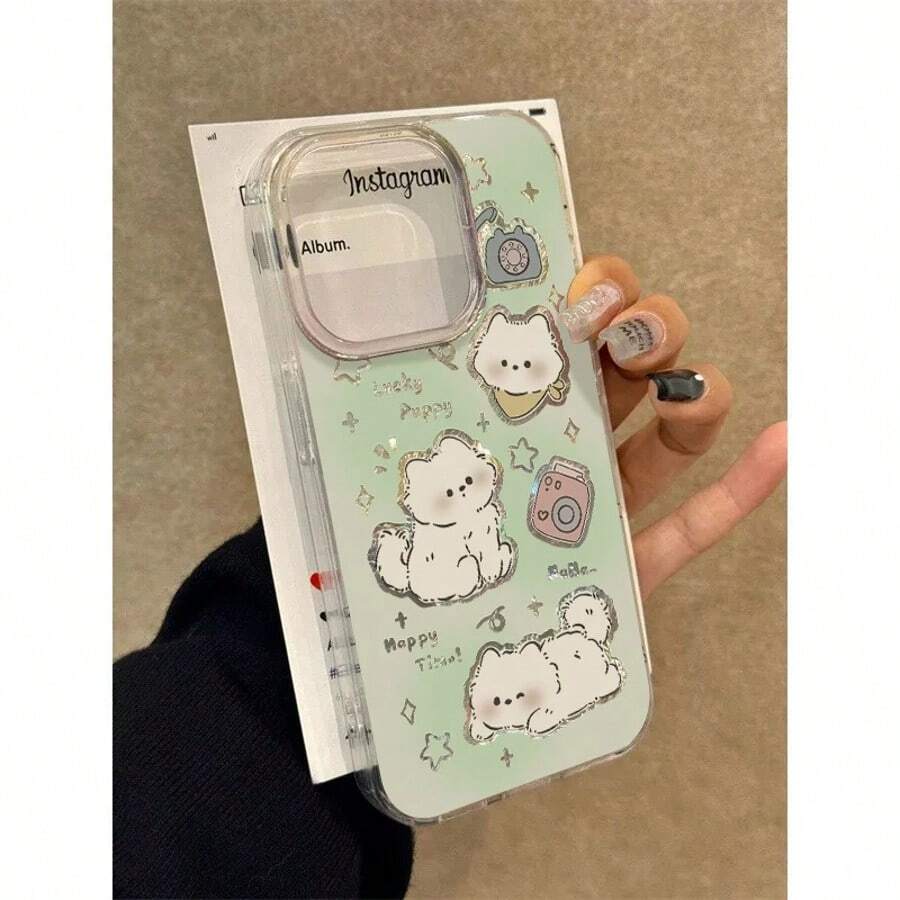 Cute Mint Puppy Pink Kitten Shockproof Protective Case Suitable For Phone16promax 15promax 14promax Apple Full Series Compatible 15pro/14Pro/13Pro/12Pro Phone14plus 15plus, Cute Kitten And Puppy Shockproof Portable Protective Case, Goddess' First Choice Anti-Fall Protective Case - 薄荷綠 - 查看 1