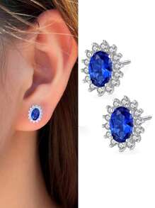 1 par de brincos de prata esterlina 925 pura com safira azul royal e zircônia cúbica em formato de flor para mulheres, joias finas estilo Diana, acessórios para festa de noivado e casamento