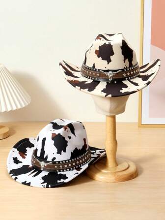 1 件男女通用牛头装饰牛图案西部牛仔帽，适合旅行、休闲、酒吧、牛仔派对和日常穿着
