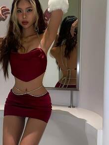 Summer High Waist Bodycon Women Skirt Set - Tie-Up Halterneck Backless Vest - [Red] - View 2