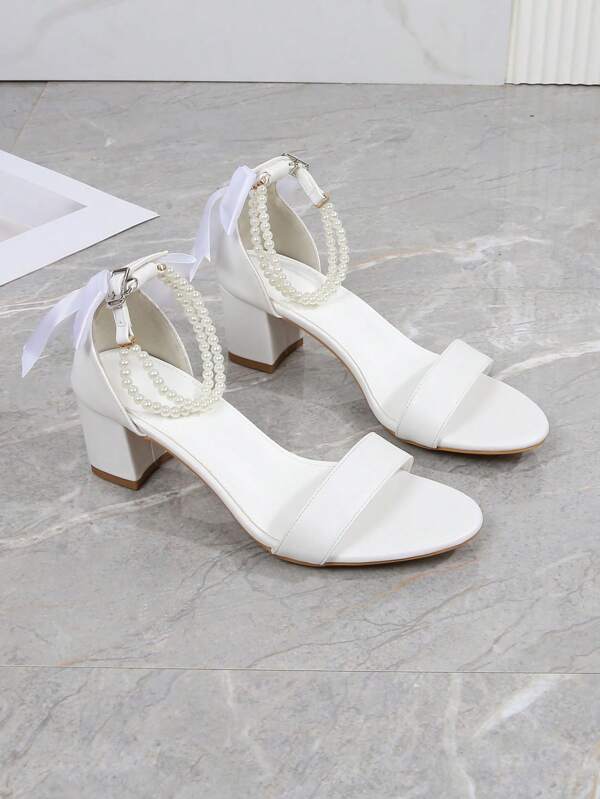 Sandalias de tacón alto elegantes para mujer, suela de goma suave, moda con una correa blanca, hebilla con lazo, punta redonda, tacón medio grueso, zapatos casuales de vestir para dama, 5,5 cm, versátiles para el Día de San Valentín, boda y talla grande 44, clásico verano de tacón bajo 43