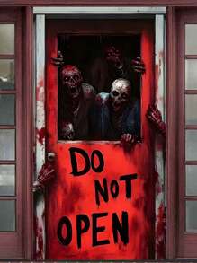 1pc Horror Zombie Theme Door Curtain, Red Door With "DO NOT OPEN" Text, Scary & Realistic Zombie Graphic, Blood Splatter Decor, Made Of Polyester, Suitable For Halloween Decor, Escape Room Setting, Horror Party & Haunted House Atmosphere